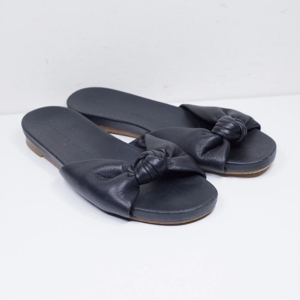 VERONICA BEARD Knotted Bow‎ Leather Slide Sandals Flat Summer Black Sz 5